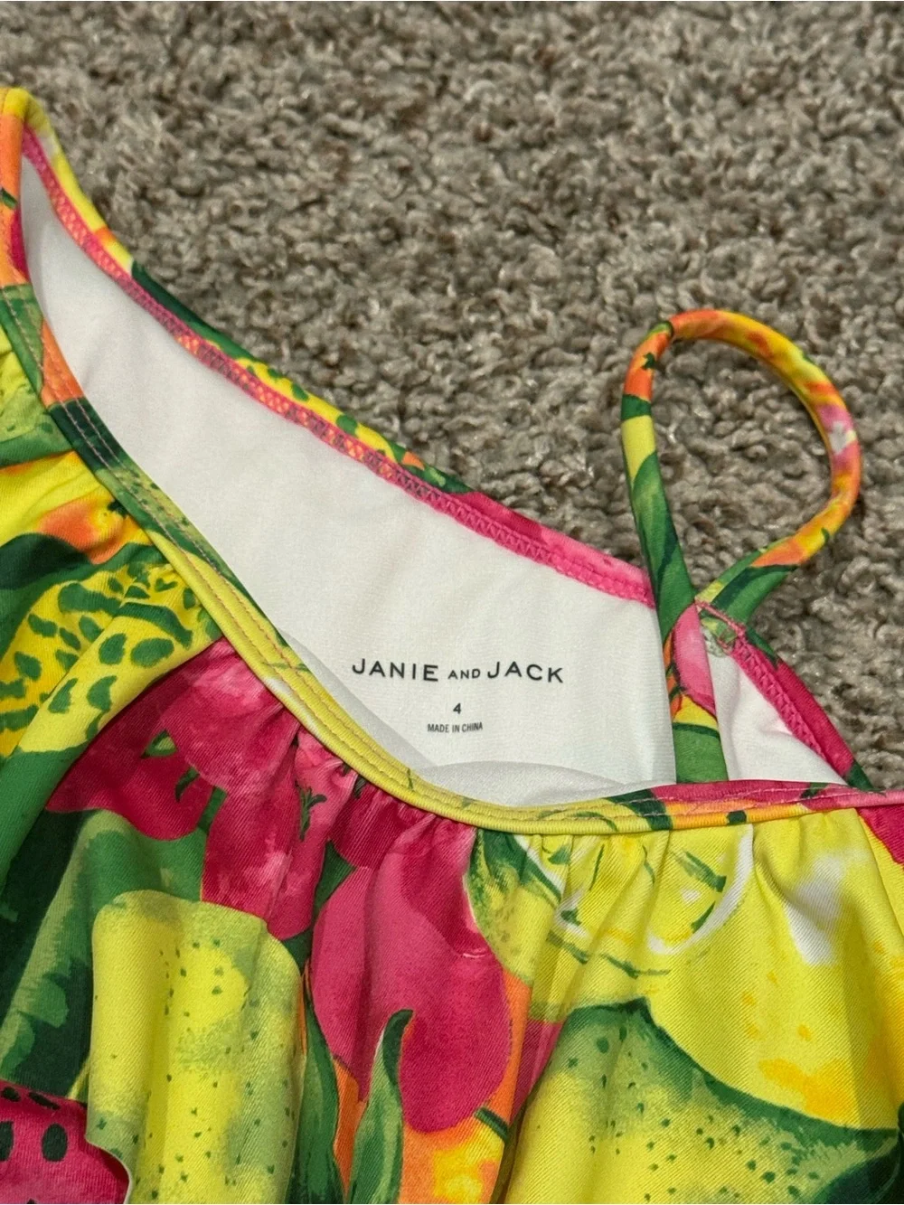 Janie and Jack One-Shoulder Fruit Print Swimsuit in Pink, Yellow & Green
